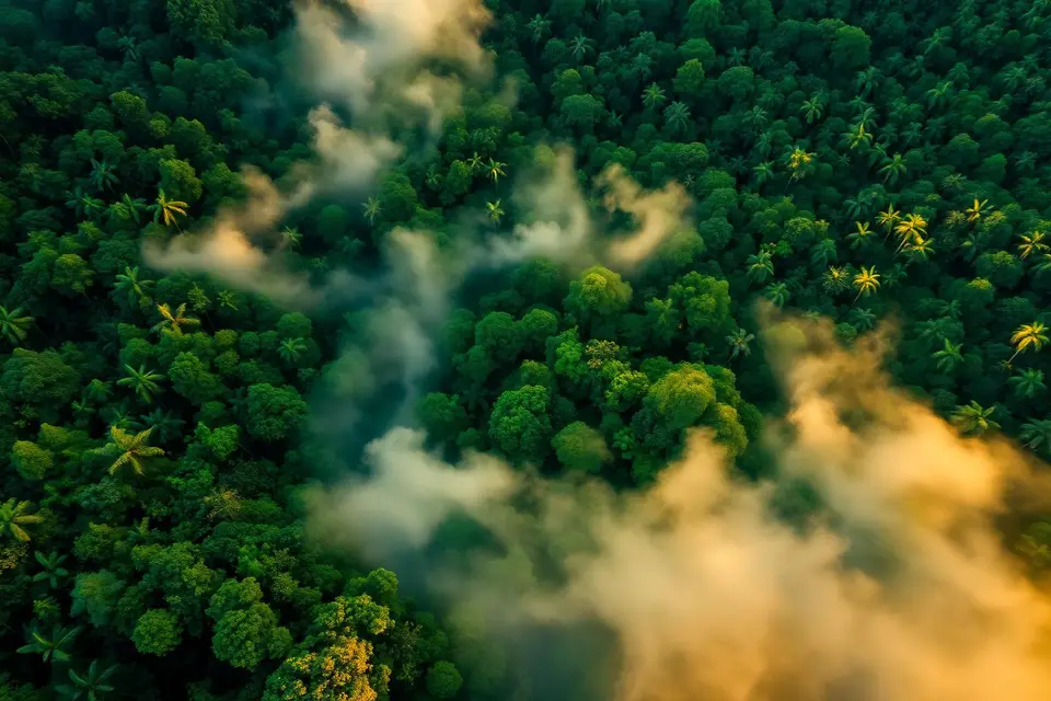 Aerial view of a healthy Indonesian rainforest at golden hour
