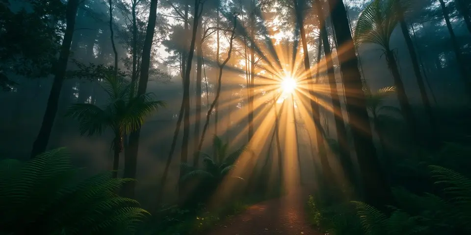 Misty forest path at dawn