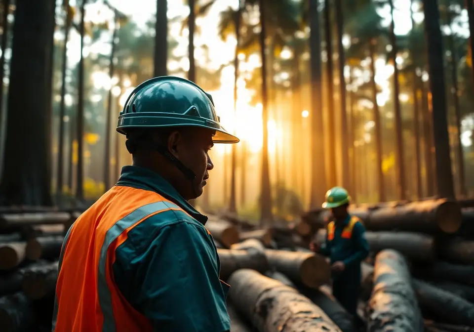 Forestry workers in safety gear inspecting timber logs at a sustainable concession