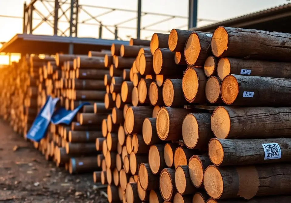 Stacked timber logs with QR tracking tags at a certified sawmill yard
